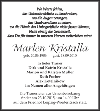 Traueranzeige von Marlen Kristalla von Super Sonntag Zeitz