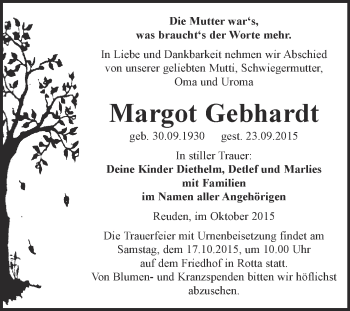 Traueranzeige von Margot Gebhardt von Super Sonntag Wittenberg