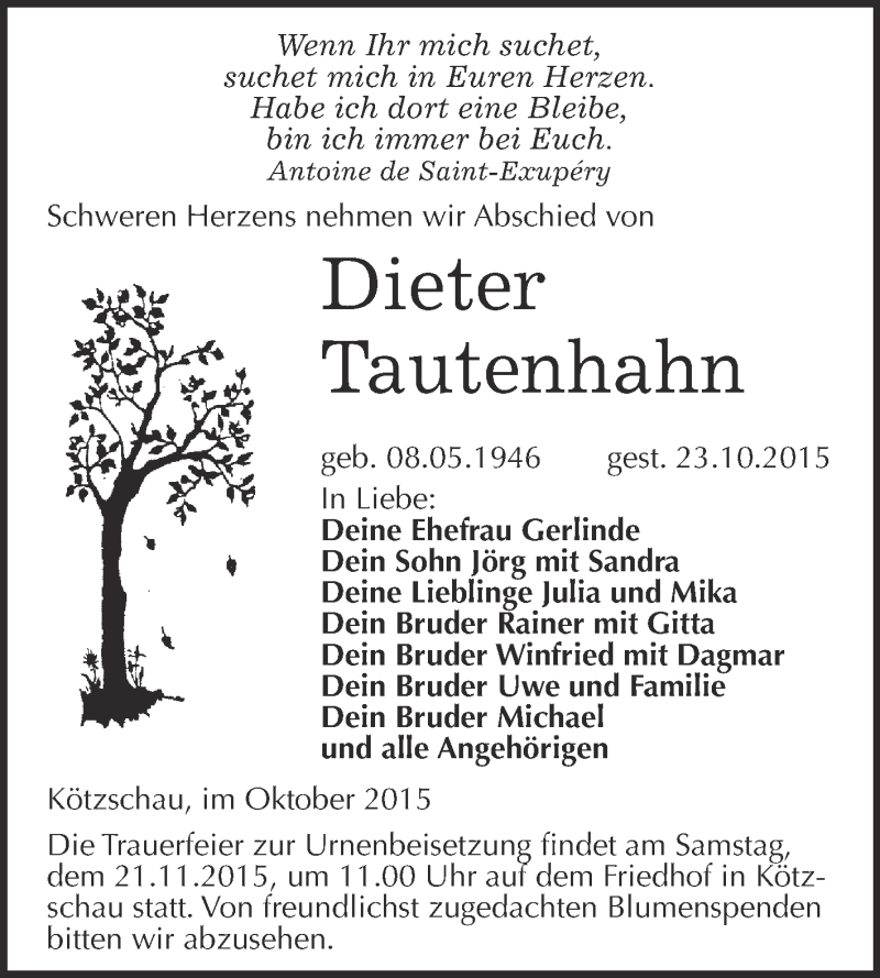  Traueranzeige für Dieter Tautenhahn vom 31.10.2015 aus Super Sonntag Merseburg
