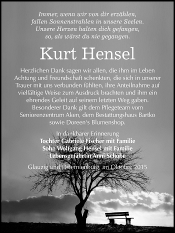 Traueranzeige von Kurt Hensel von WVG - Wochenspiegel Dessau / Köthen