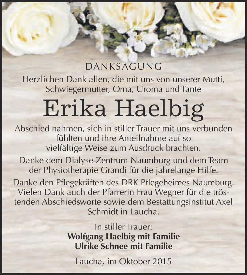  Traueranzeige für Erika Haelbig vom 07.10.2015 aus WVG - Wochenspiegel NMB / WSF / ZTZ