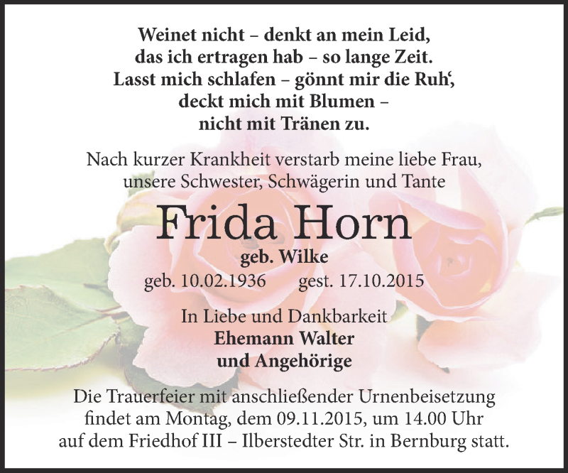  Traueranzeige für Frida Horn vom 24.10.2015 aus Super Sonntag Bernburg