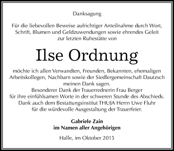 Traueranzeige von Ilse Ordnung von Mitteldeutsche Zeitung Halle/Saalkreis