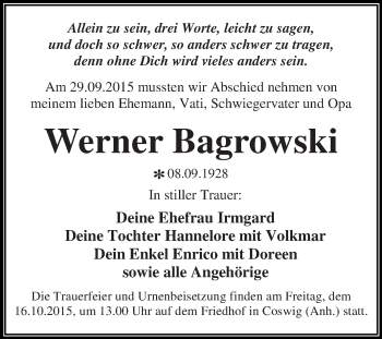 Traueranzeige von Werner Bagrowski von WVG - Wochenspiegel Dessau / Köthen