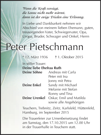 Traueranzeige von Peter Pietschmann von WVG - Wochenspiegel NMB / WSF / ZTZ