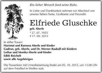 Traueranzeige von Elfriede Gluschke von Mitteldeutsche Zeitung Bitterfeld
