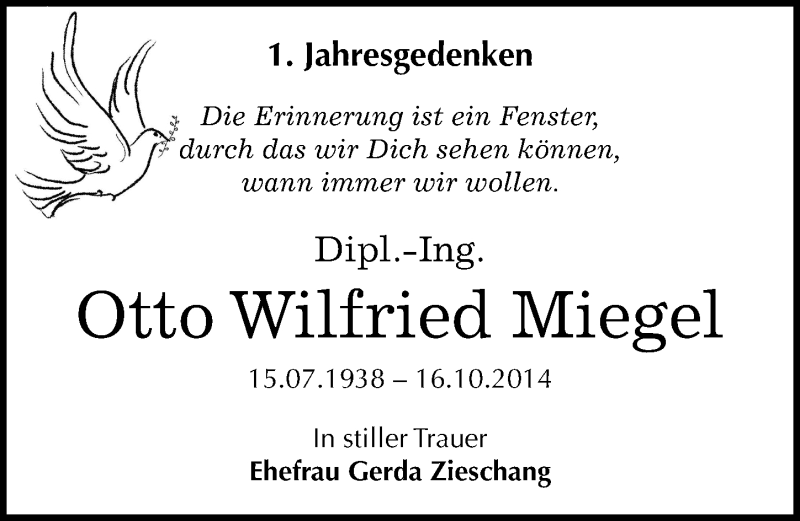  Traueranzeige für Otto Wilfried Miegel vom 16.10.2015 aus Mitteldeutsche Zeitung Dessau-Roßlau