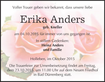 Traueranzeige von Erika Anders von Super Sonntag Merseburg