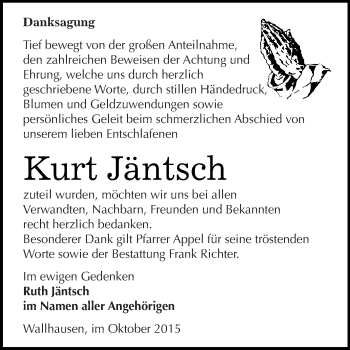 Traueranzeige von Kurt Jäntsch von Super Sonntag SGH Mansf. Land