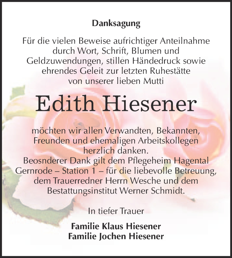  Traueranzeige für Edith Hiesener vom 24.10.2015 aus WVG - Wochenspiegel Quedlinburg