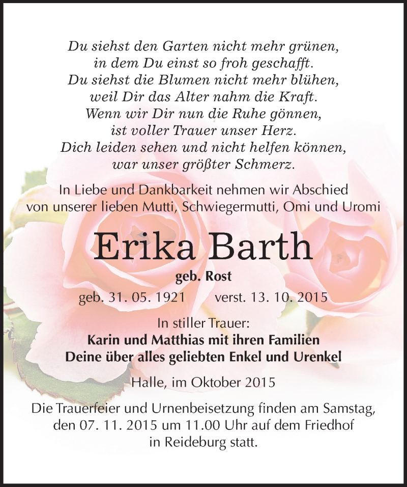  Traueranzeige für Erika Barth vom 17.10.2015 aus Mitteldeutsche Zeitung Halle/Saalkreis