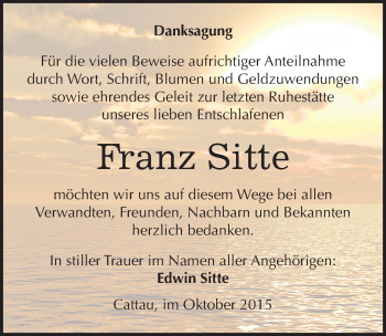 Traueranzeige von Franz Sitte von Mitteldeutsche Zeitung Köthen