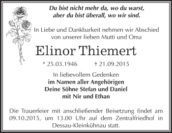 Traueranzeige von Elinor Thiemert von WVG - Wochenspiegel Dessau / Köthen