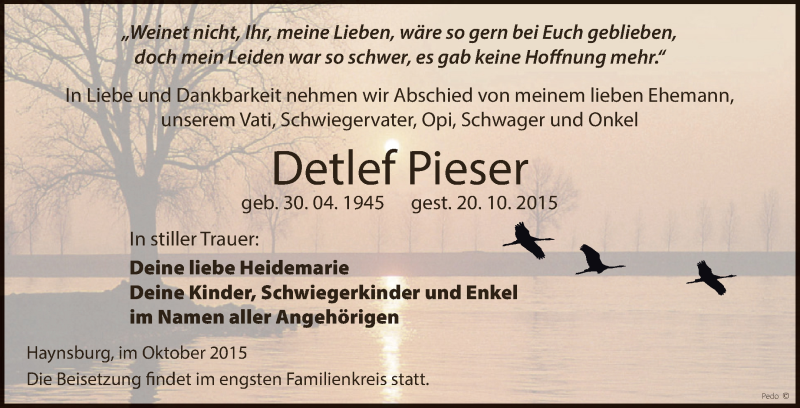  Traueranzeige für Detlef Pieser vom 24.10.2015 aus Super Sonntag Zeitz