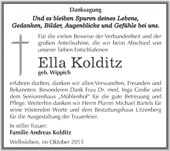 Traueranzeige von Ella Kolditz von Wochenspiegel Mansfelder Land