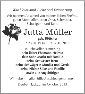 Traueranzeige von Jutta Müller von WVG - Wochenspiegel NMB / WSF / ZTZ