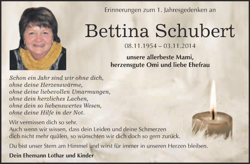  Traueranzeige für Bettina Schubert vom 31.10.2015 aus Super Sonntag Wittenberg