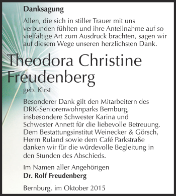 Traueranzeige von Theodora Christine Freudenberg von Super Sonntag Bernburg