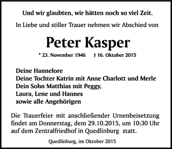 Traueranzeige von Peter Kasper von Mitteldeutsche Zeitung Quedlinburg