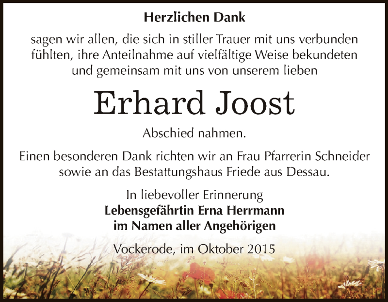  Traueranzeige für Erhard Joost vom 31.10.2015 aus WVG - Wochenspiegel Dessau / Köthen