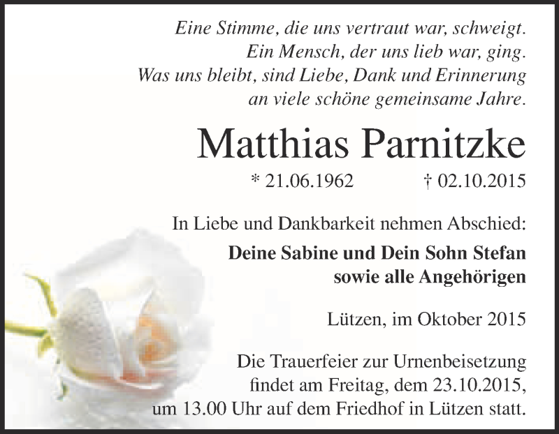  Traueranzeige für Matthias Parnitzke vom 14.10.2015 aus WVG - Wochenspiegel Merseburg