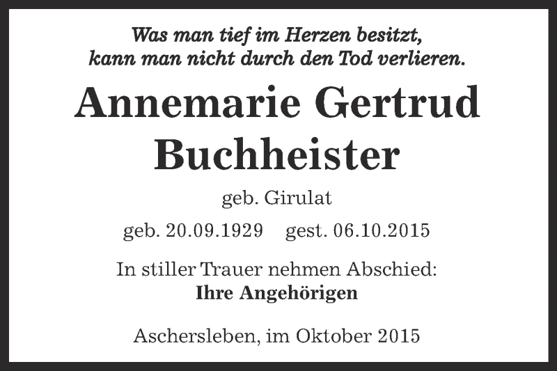  Traueranzeige für Annemarie Gertrud Buchheister vom 17.10.2015 aus Super Sonntag Aschersleben