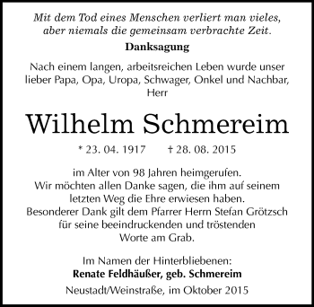 Traueranzeige von Wilhelm Schmereim von Mitteldeutsche Zeitung Dessau-Roßlau