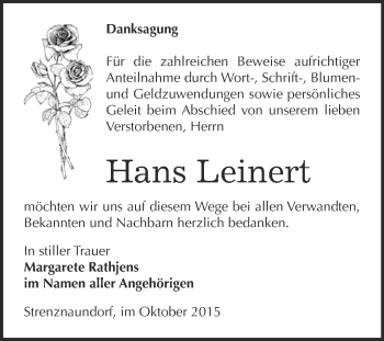 Traueranzeige von Hans Leinert von Super Sonntag Bernburg