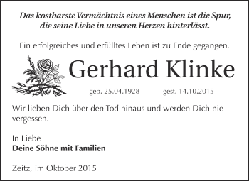 Traueranzeige von Gerhard Klinke von Super Sonntag Zeitz