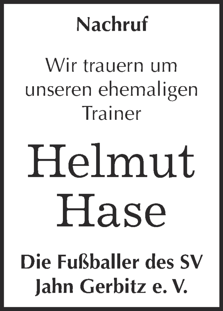  Traueranzeige für Helmut Hase vom 24.10.2015 aus Super Sonntag Bernburg