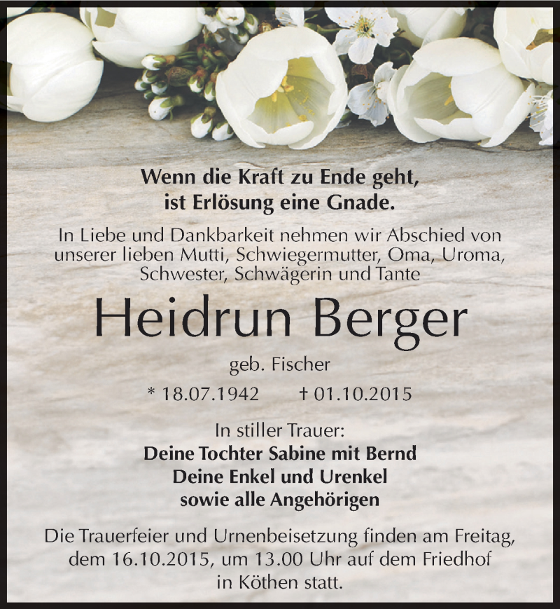  Traueranzeige für Heidrun Berger vom 08.10.2015 aus Mitteldeutsche Zeitung Köthen
