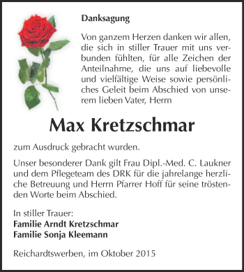 Traueranzeige von Max Kretzschmar von WVG - Wochenspiegel NMB / WSF / ZTZ