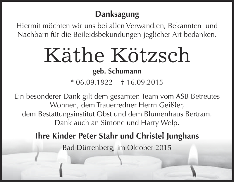  Traueranzeige für Käthe Kötzsch vom 17.10.2015 aus Super Sonntag Merseburg