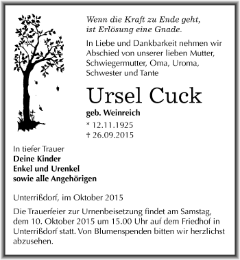 Traueranzeige von Ursel Cuck von Mitteldeutsche Zeitung Mansfelder Land