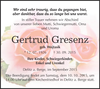 Traueranzeige von Gertrud Gresenz von WVG - Wochenspiegel Merseburg