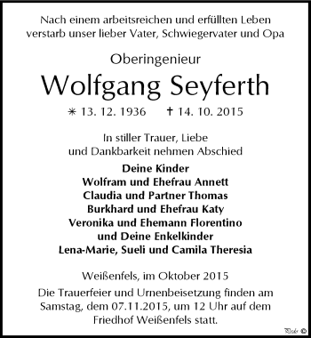 Traueranzeige von Wolfgang Seyferth von Mitteldeutsche Zeitung Weißenfels