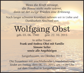 Traueranzeige von Wolfgang Obst von Mitteldeutsche Zeitung Sangerhausen