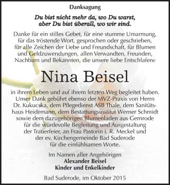 Traueranzeige von Nina Beisel von Mitteldeutsche Zeitung Quedlinburg