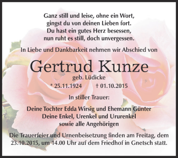 Traueranzeige von Gertrud Kunze von WVG - Wochenspiegel Dessau / Köthen