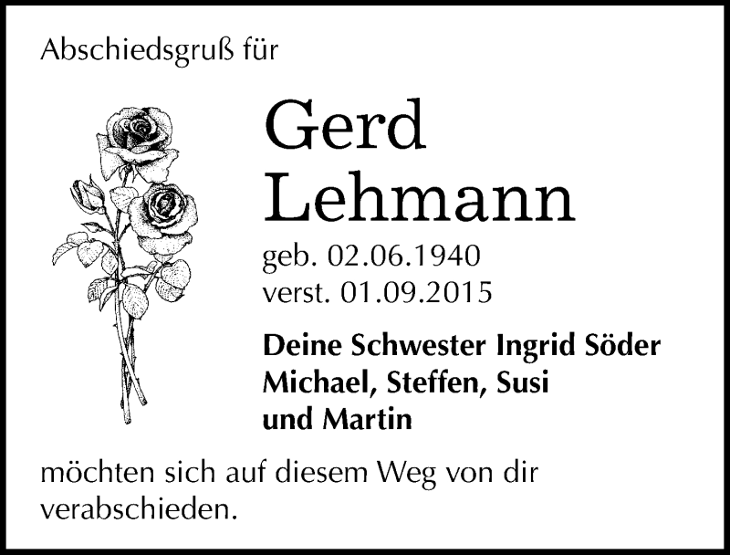  Traueranzeige für Gerd Lehmann vom 03.10.2015 aus Mitteldeutsche Zeitung Halle/Saalkreis