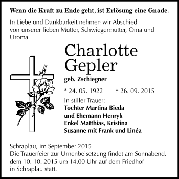 Traueranzeige von Charlotte Gepler von WVG - Wochenspiegel Merseburg