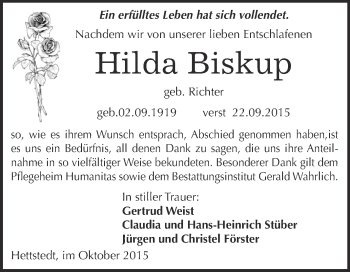 Traueranzeige von Hilda Biskup von Super Sonntag SGH Mansf. Land