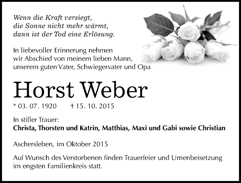  Traueranzeige für Horst Weber vom 24.10.2015 aus Mitteldeutsche Zeitung Aschersleben