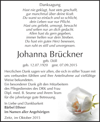 Traueranzeige von Johanna Brückner von Super Sonntag Zeitz