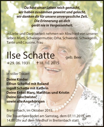 Traueranzeige von Ilse Schatte von Super Sonntag Zeitz