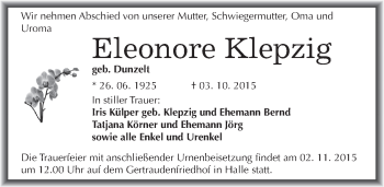 Traueranzeige von Eleonore Klepzig von Mitteldeutsche Zeitung Halle/Saalkreis