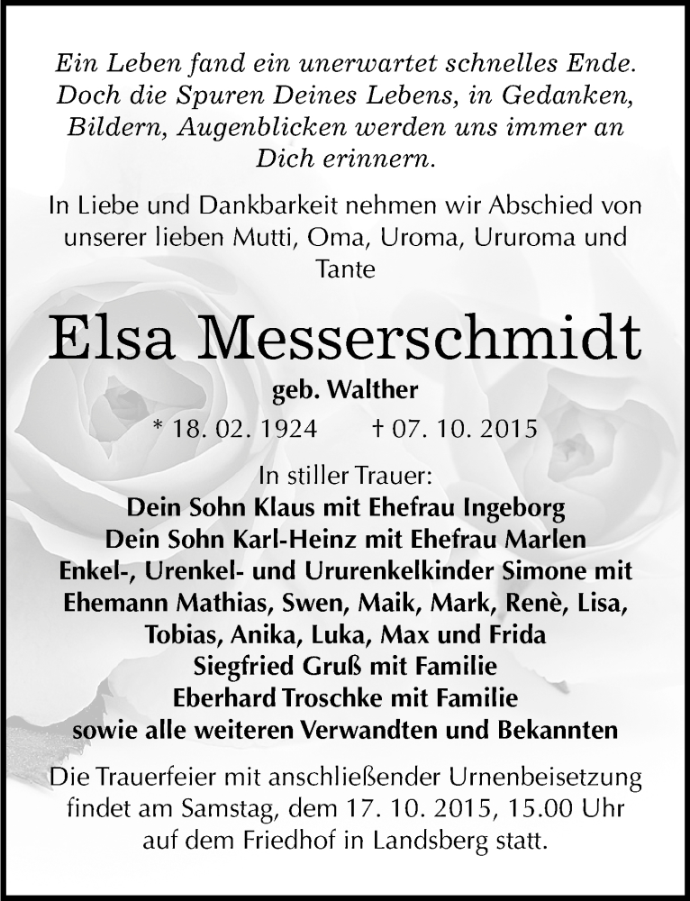  Traueranzeige für Elsa Messerschmidt vom 14.10.2015 aus Mitteldeutsche Zeitung Halle/Saalkreis