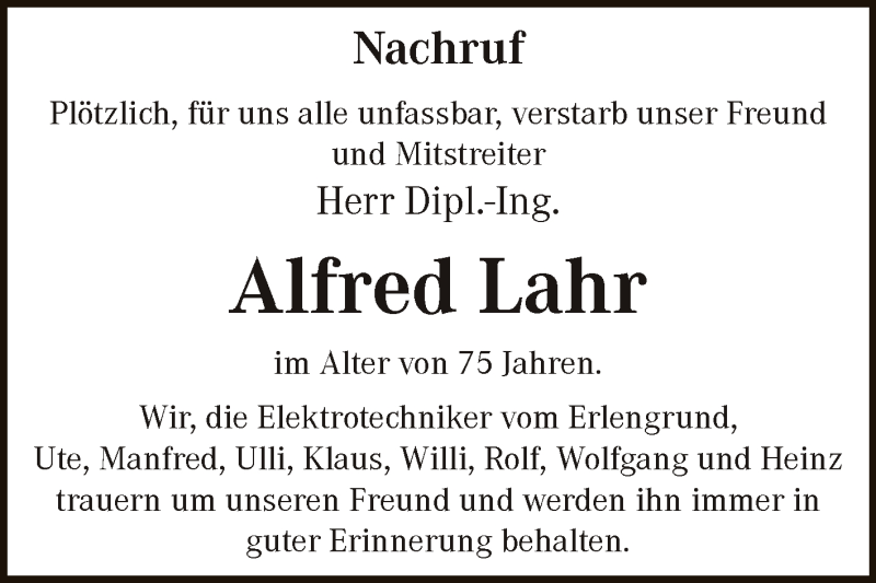 Traueranzeige für Alfred Lahr vom 24.10.2015 aus WVG - Wochenspiegel Dessau / Köthen
