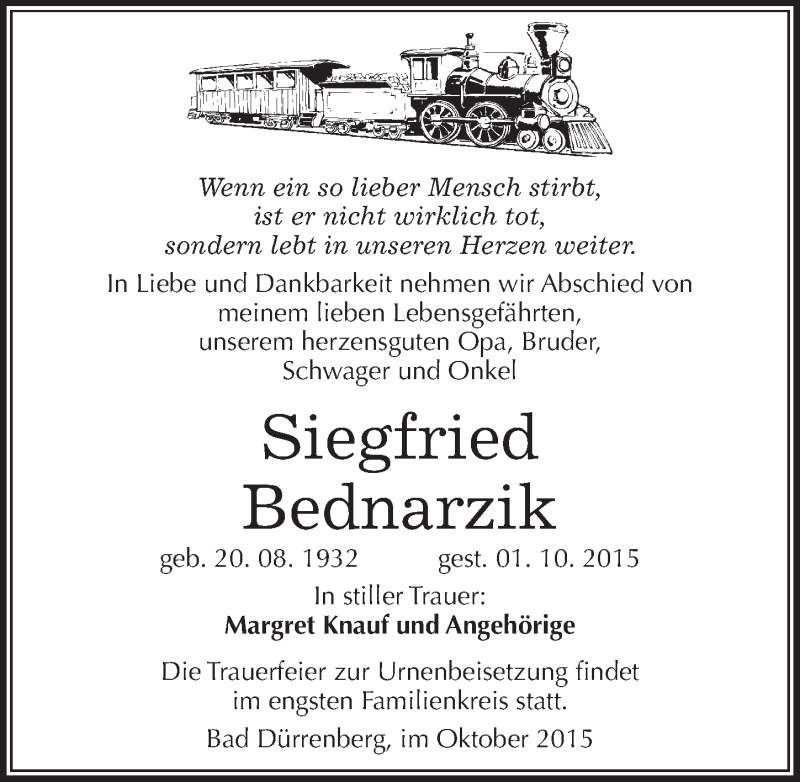  Traueranzeige für Siegfried Bednarzik vom 06.10.2015 aus Mitteldeutsche Zeitung Merseburg/Querfurt