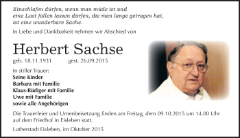 Traueranzeige von Herbert Sachse von Mitteldeutsche Zeitung Mansfelder Land